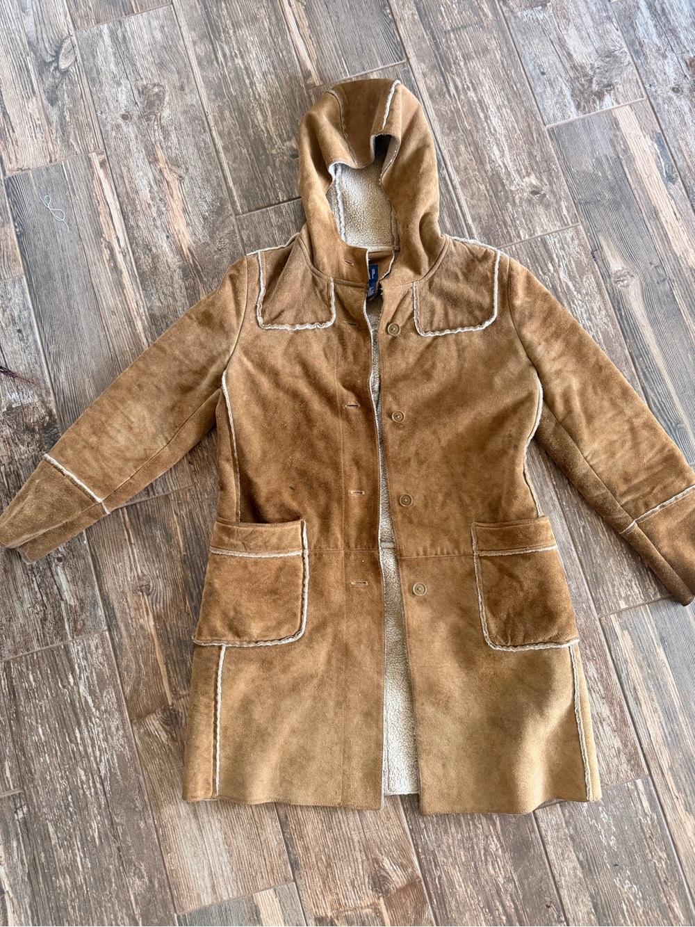 Vtg Gap Y2K Tan Suede Leather Patchwork Coat Womens Sz S shearling western boho